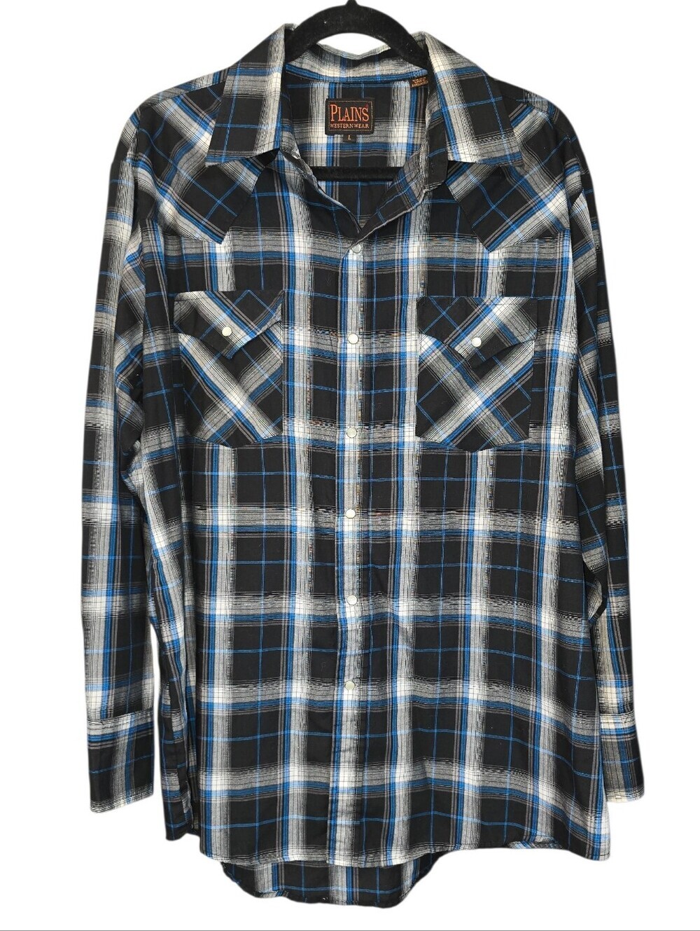 Plains Western Wear Pearl Snap Long Sleeve Collar Shirt Black Blue Plaid Size Lg